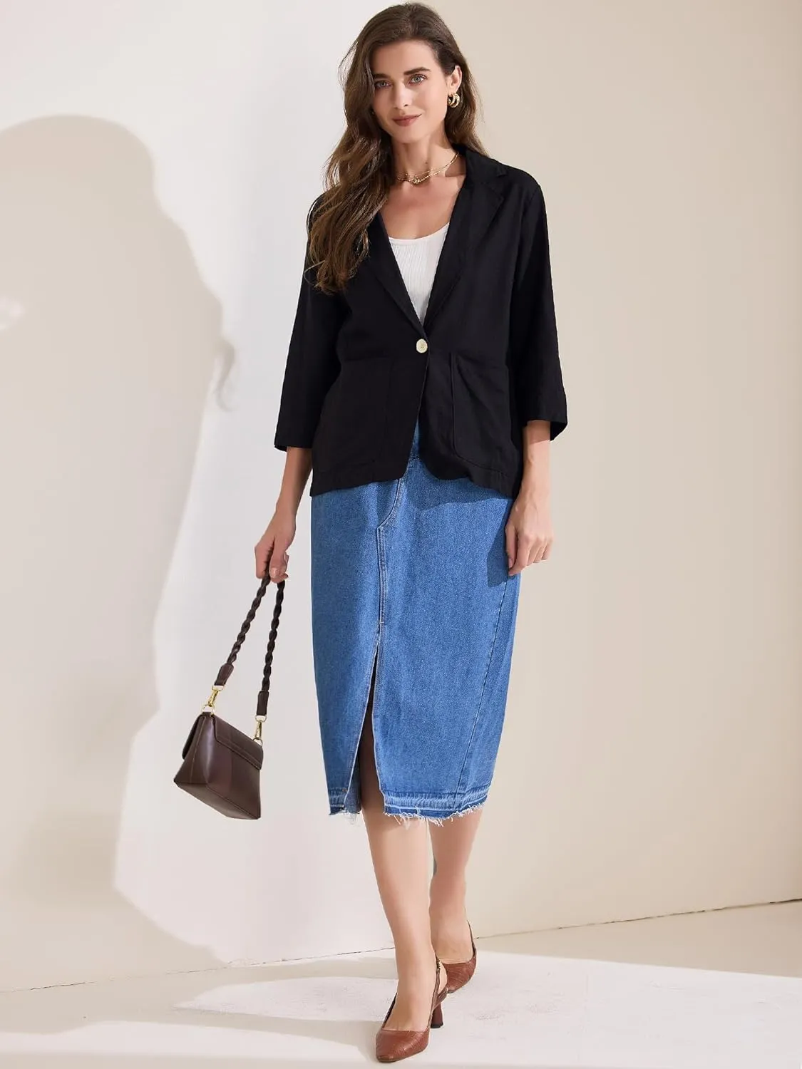 Allegra K Women's Linen Blazer 2025 Summer Lightweight 3/4 Sleeves Casual Office Work One Button Notched Lapel Suit Jacket