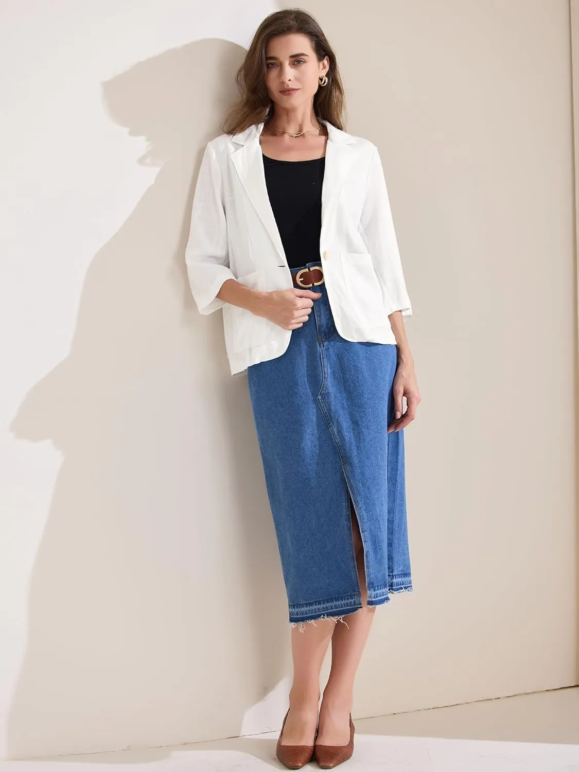 Allegra K Women's Linen Blazer 2025 Summer Lightweight 3/4 Sleeves Casual Office Work One Button Notched Lapel Suit Jacket