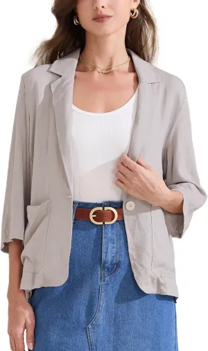 Allegra K Women's Linen Blazer 2025 Summer Lightweight 3/4 Sleeves Casual Office Work One Button Notched Lapel Suit Jacket
