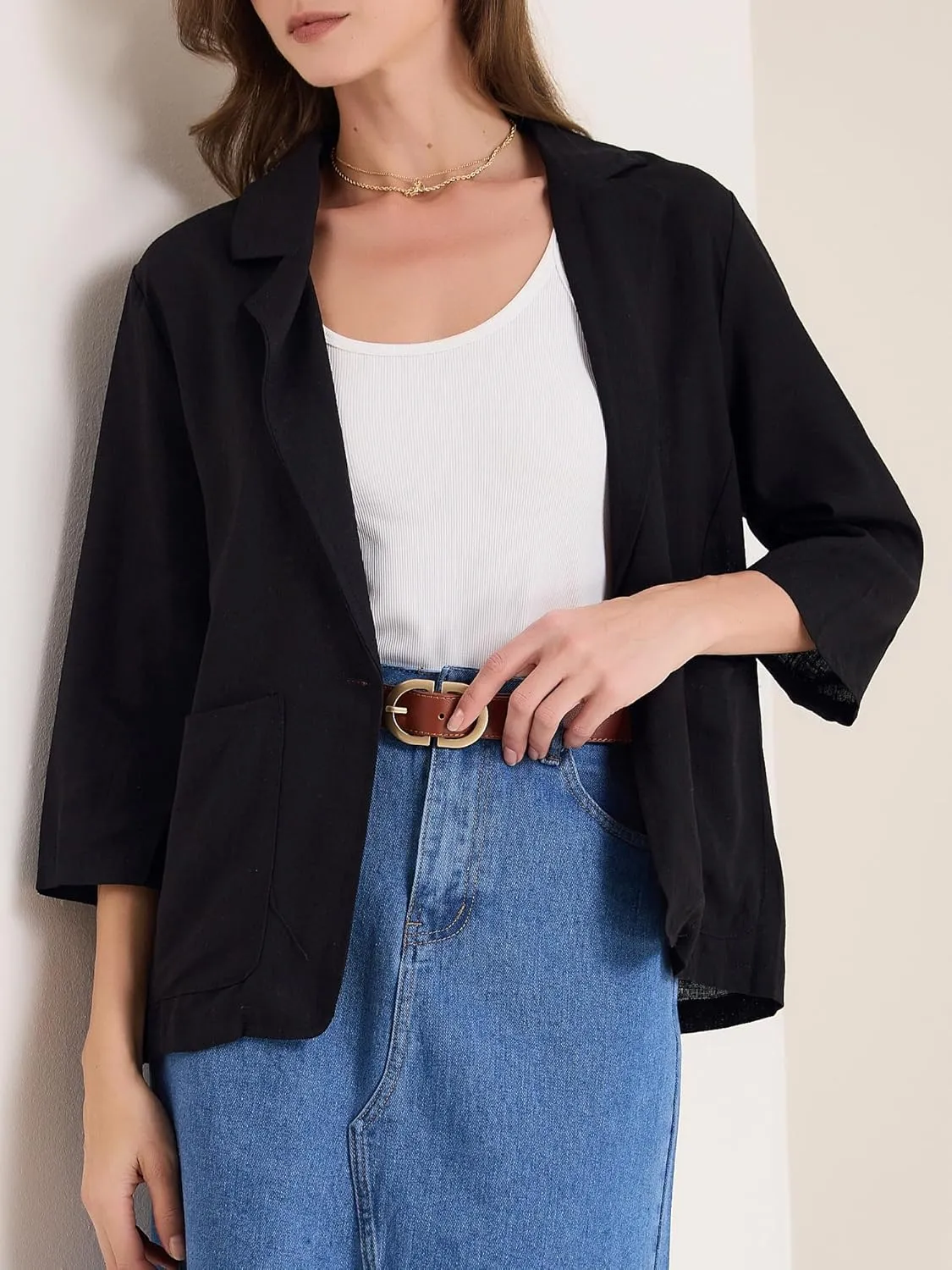 Allegra K Women's Linen Blazer 2025 Summer Lightweight 3/4 Sleeves Casual Office Work One Button Notched Lapel Suit Jacket