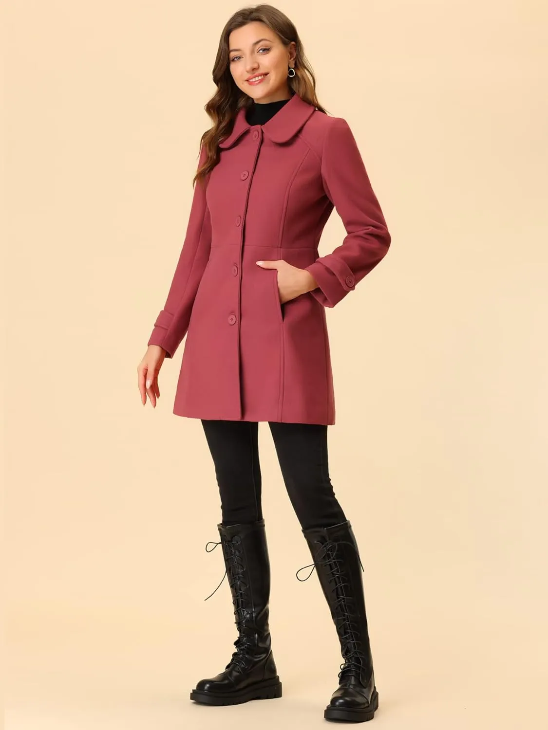 Allegra K Women's Peter Pan Collar Overcoat Winter Dressy Button Single Breasted Long Coat
