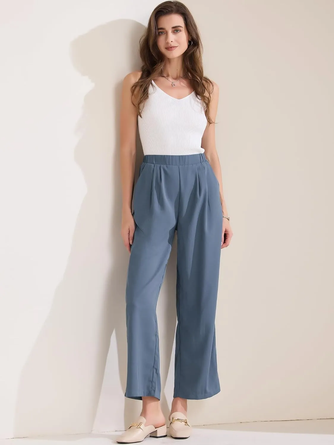 Allegra K Women's Straight Work Pant Elastic High Waist Business Casual Solid Ankle Pant Trouser