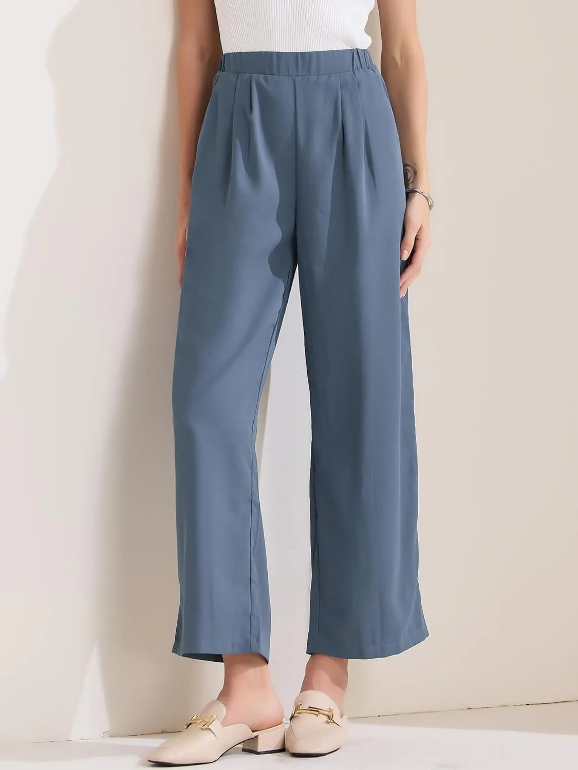 Allegra K Women's Straight Work Pant Elastic High Waist Business Casual Solid Ankle Pant Trouser