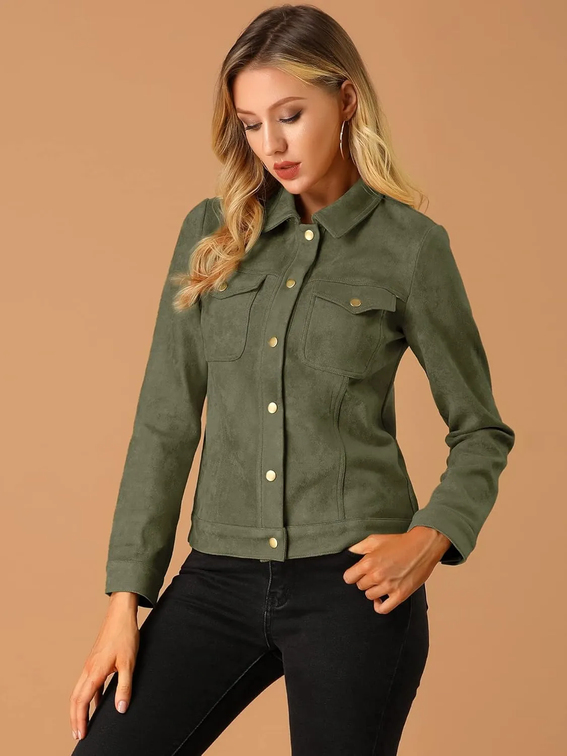 Allegra K Women's Turn-Down Collar Flap Pockets Snap Button Faux Suede Jacket