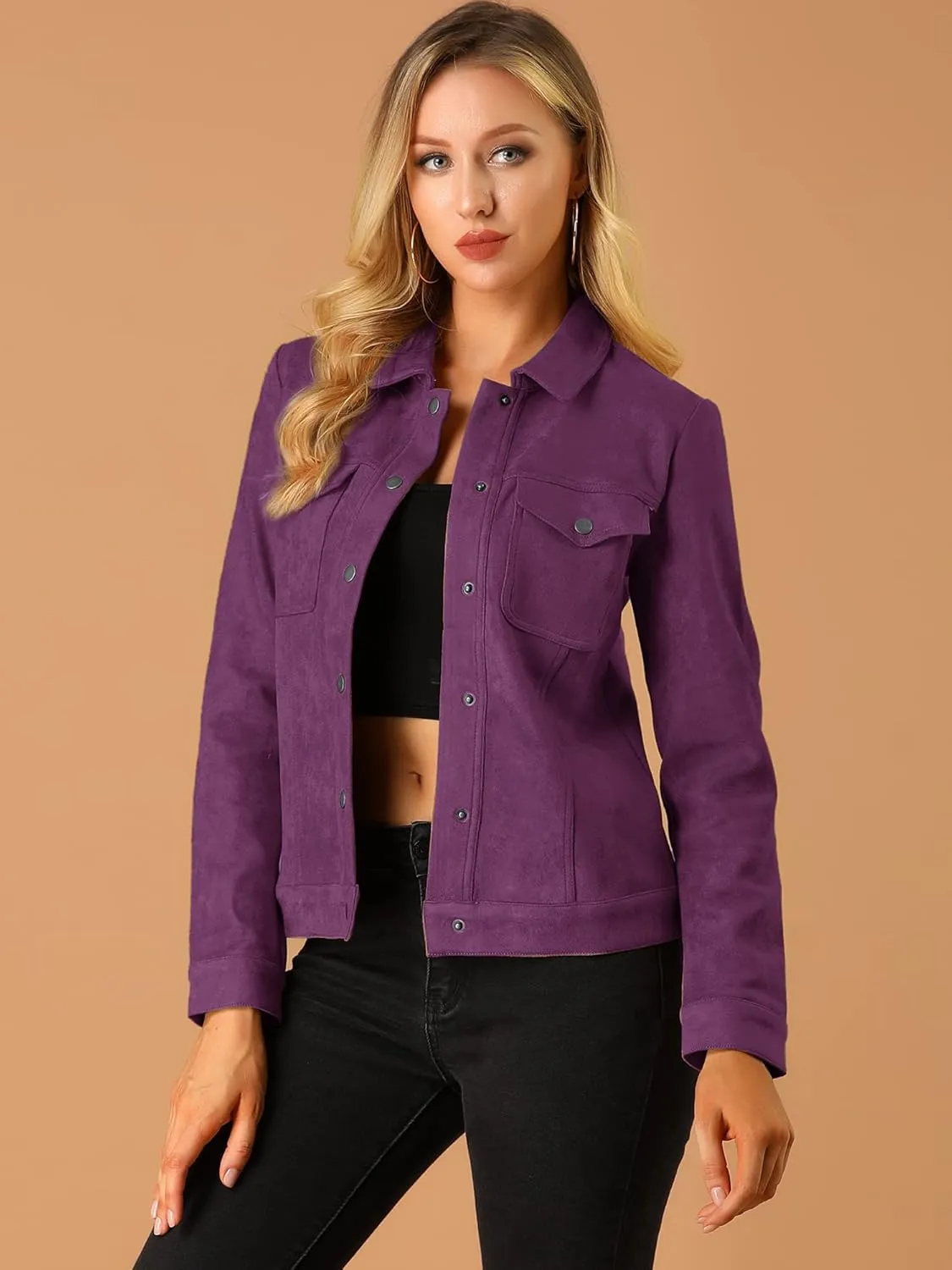 Allegra K Women's Turn-Down Collar Flap Pockets Snap Button Faux Suede Jacket