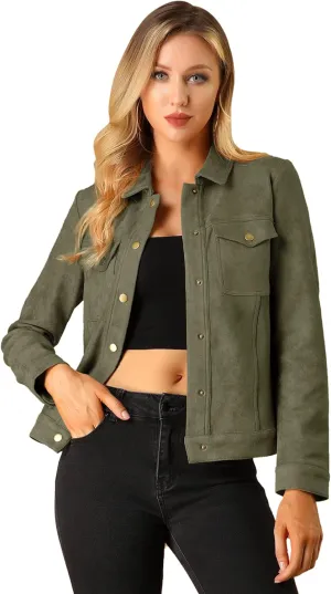 Allegra K Women's Turn-Down Collar Flap Pockets Snap Button Faux Suede Jacket