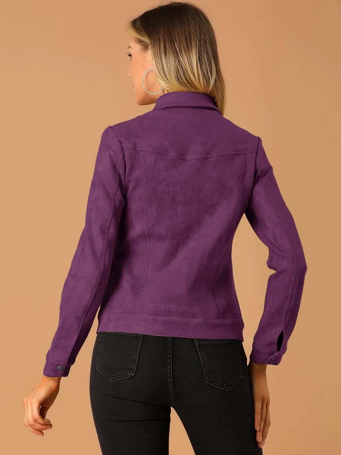 Allegra K Women's Turn-Down Collar Flap Pockets Snap Button Faux Suede Jacket