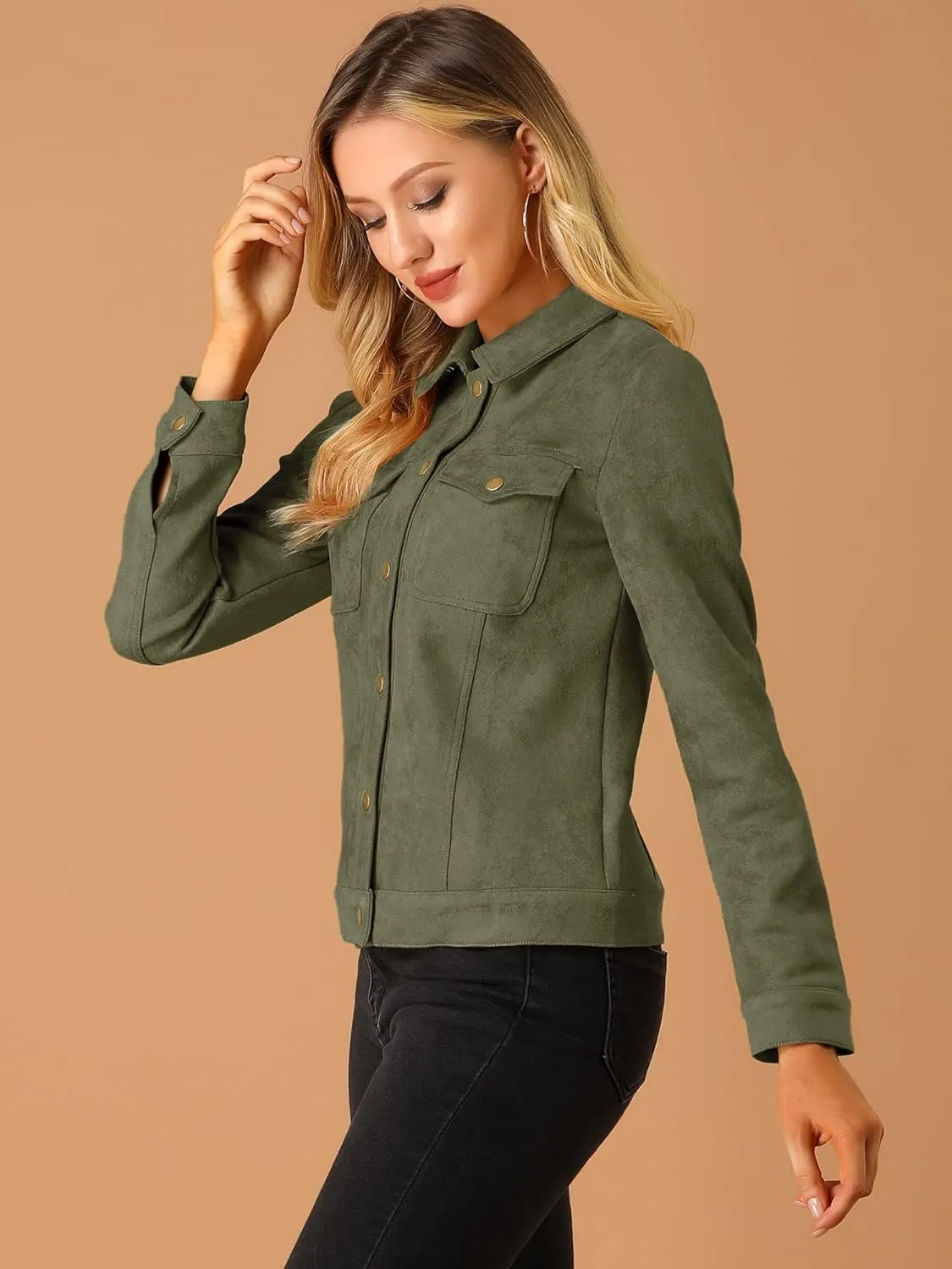 Allegra K Women's Turn-Down Collar Flap Pockets Snap Button Faux Suede Jacket