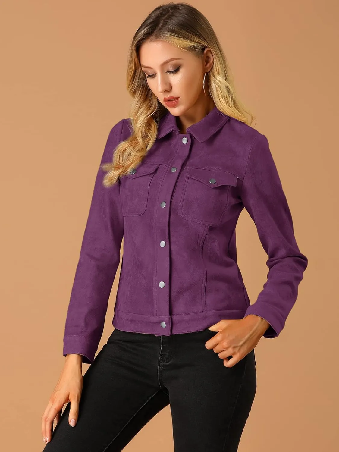 Allegra K Women's Turn-Down Collar Flap Pockets Snap Button Faux Suede Jacket