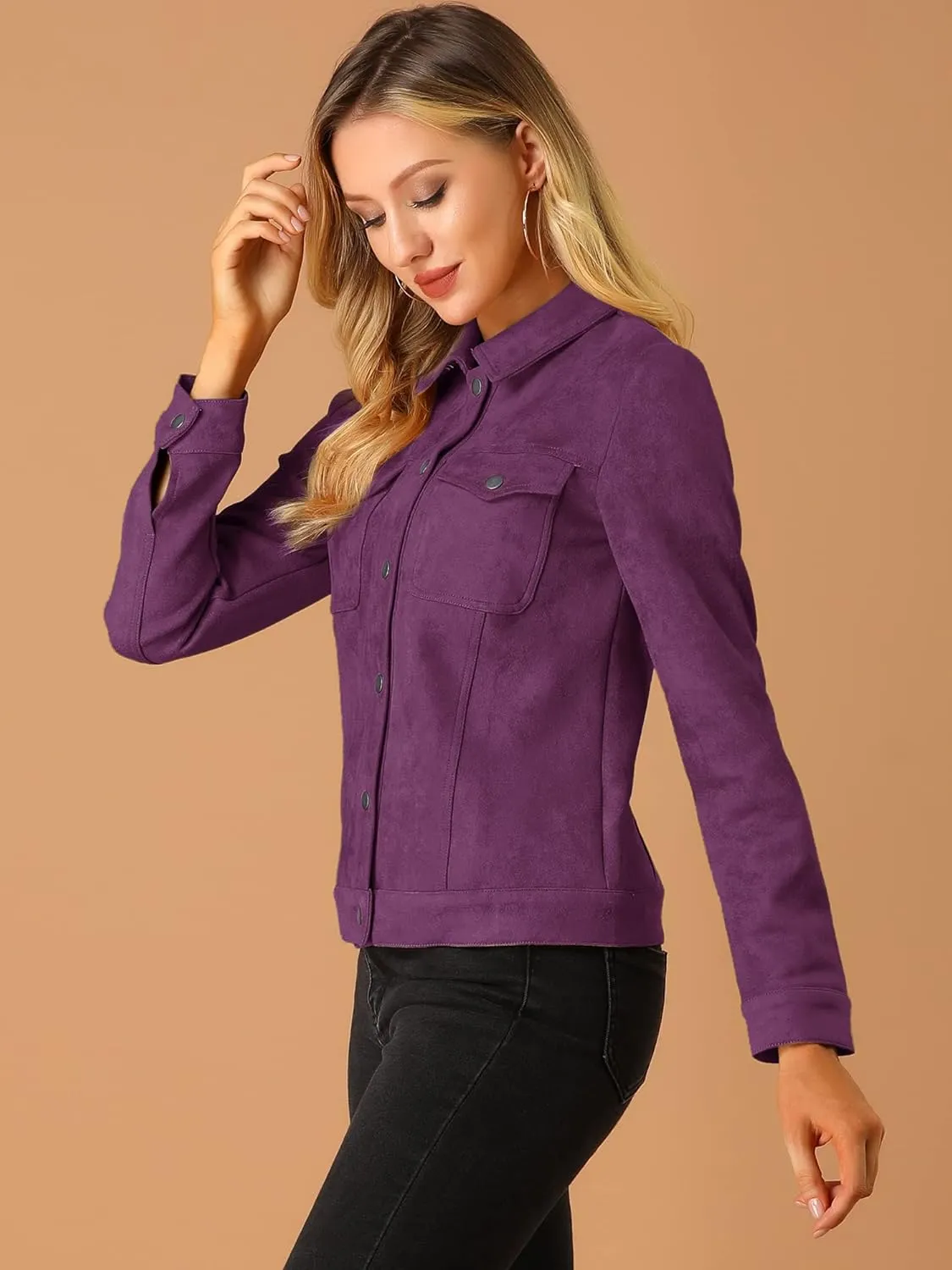Allegra K Women's Turn-Down Collar Flap Pockets Snap Button Faux Suede Jacket