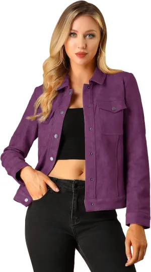Allegra K Women's Turn-Down Collar Flap Pockets Snap Button Faux Suede Jacket