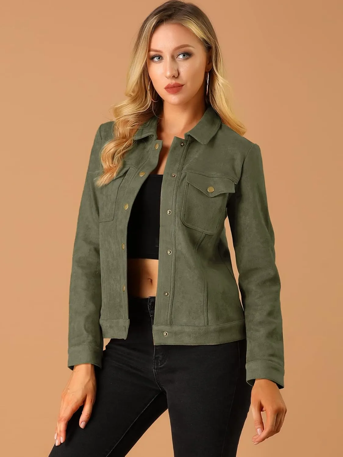 Allegra K Women's Turn-Down Collar Flap Pockets Snap Button Faux Suede Jacket
