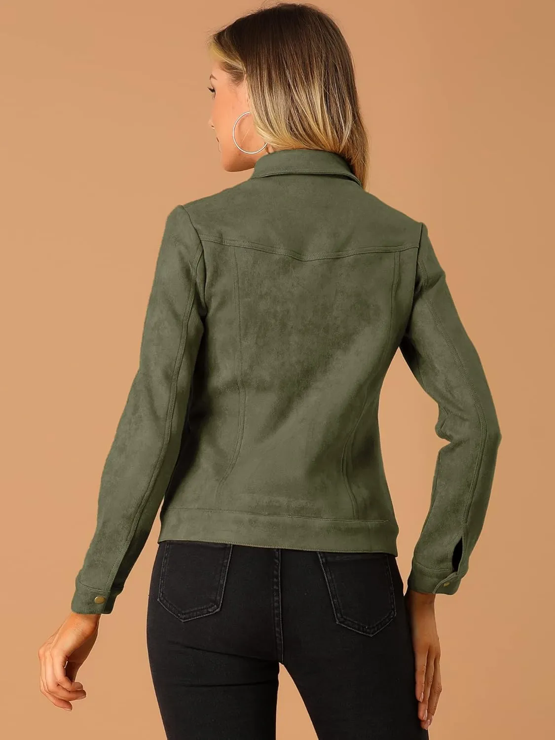 Allegra K Women's Turn-Down Collar Flap Pockets Snap Button Faux Suede Jacket