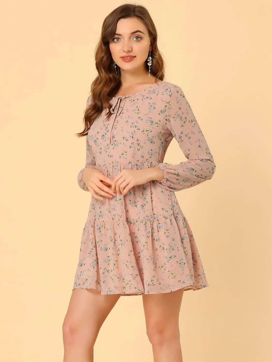 Allegra K Women's Valentine's Day Floral Print Tiered Lightweight Flowy Long Sleeve Dress