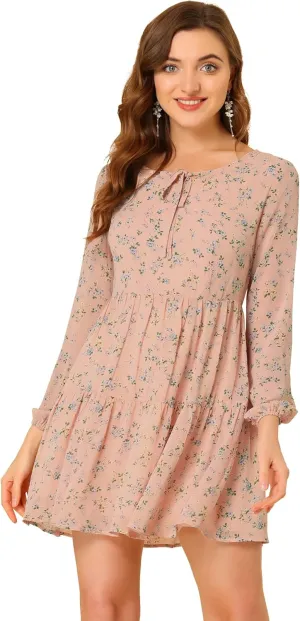 Allegra K Women's Valentine's Day Floral Print Tiered Lightweight Flowy Long Sleeve Dress