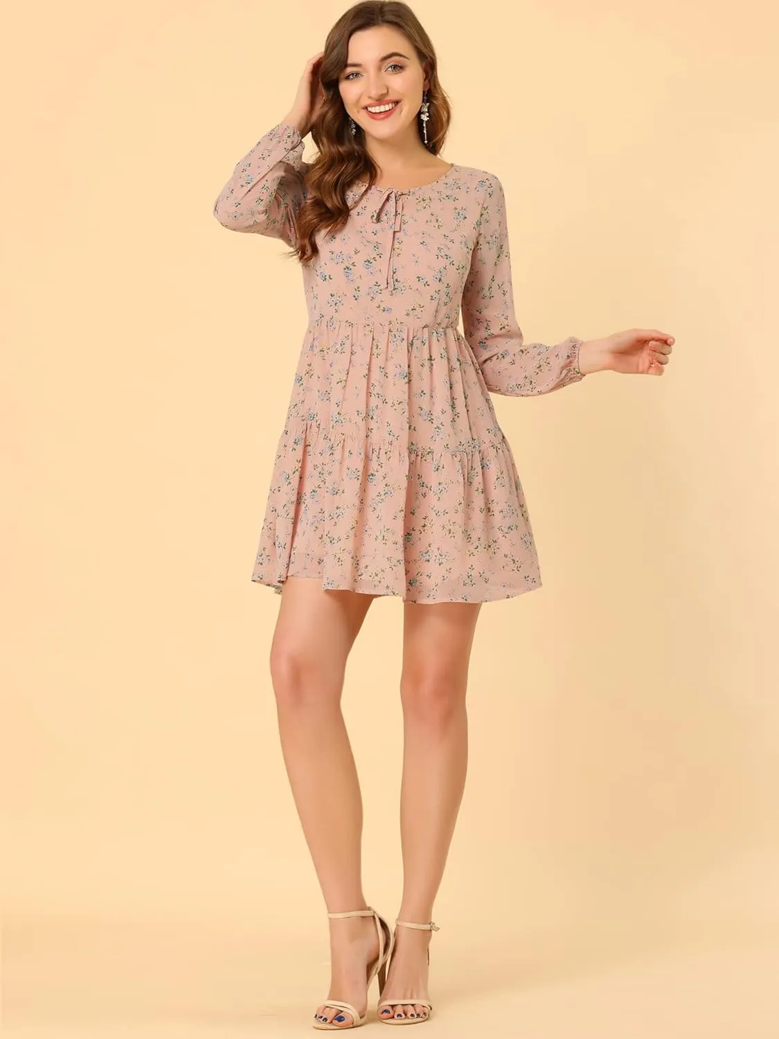 Allegra K Women's Valentine's Day Floral Print Tiered Lightweight Flowy Long Sleeve Dress