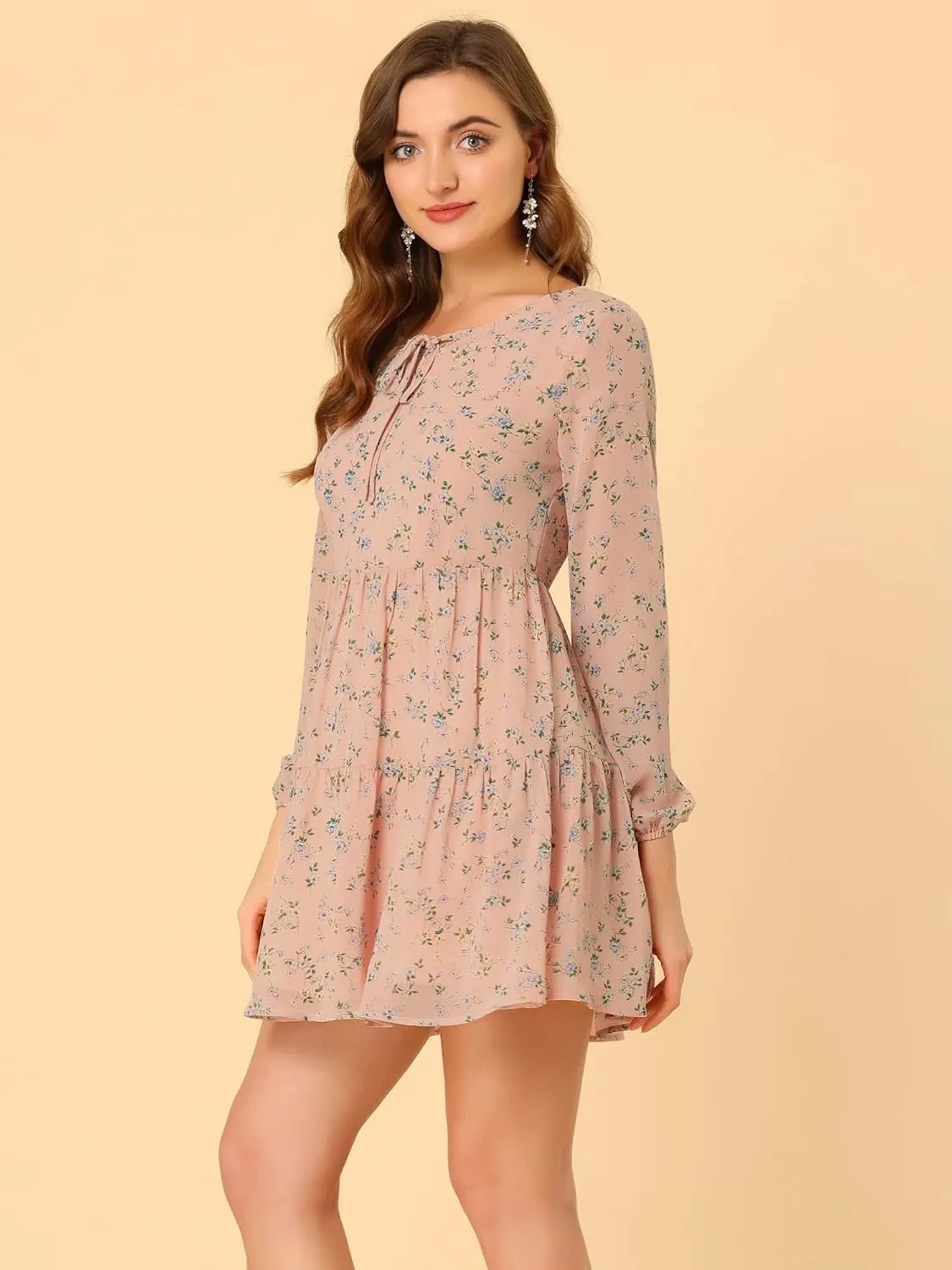 Allegra K Women's Valentine's Day Floral Print Tiered Lightweight Flowy Long Sleeve Dress