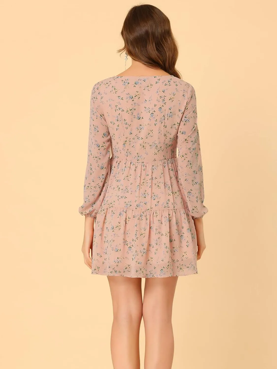 Allegra K Women's Valentine's Day Floral Print Tiered Lightweight Flowy Long Sleeve Dress