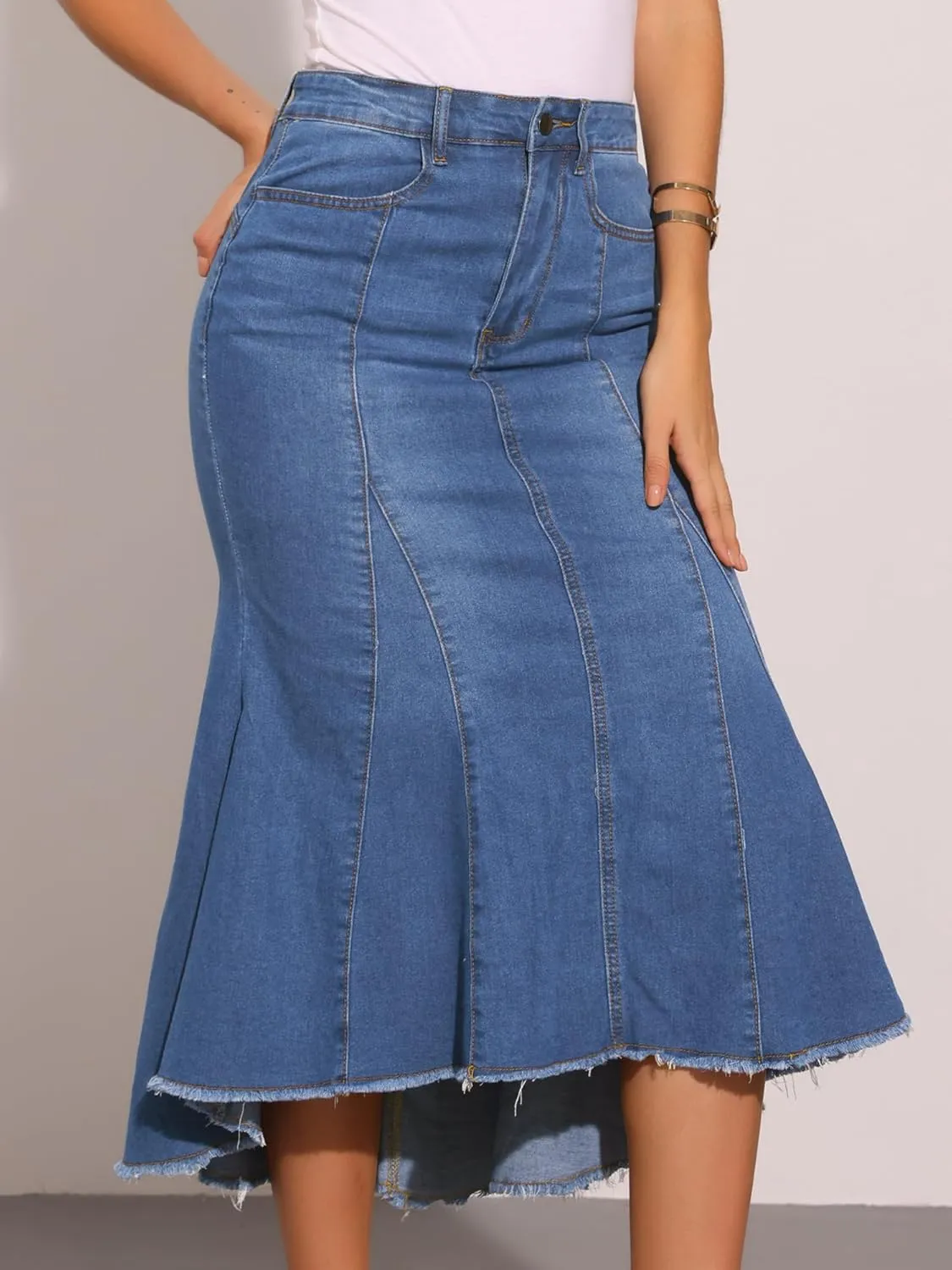Allegra K Women's Washed Fishtail Denim Skirt High Waist Raw Hem Fashion Casual Midi Jean Skirts with Pockets