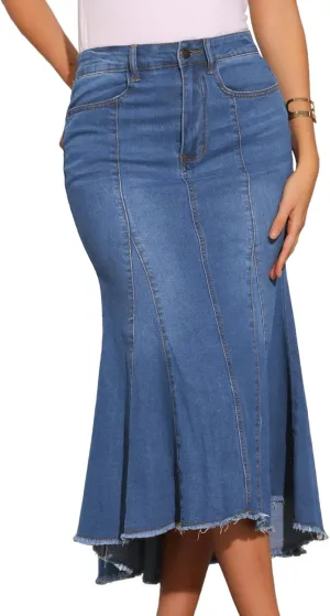 Allegra K Women's Washed Fishtail Denim Skirt High Waist Raw Hem Fashion Casual Midi Jean Skirts with Pockets