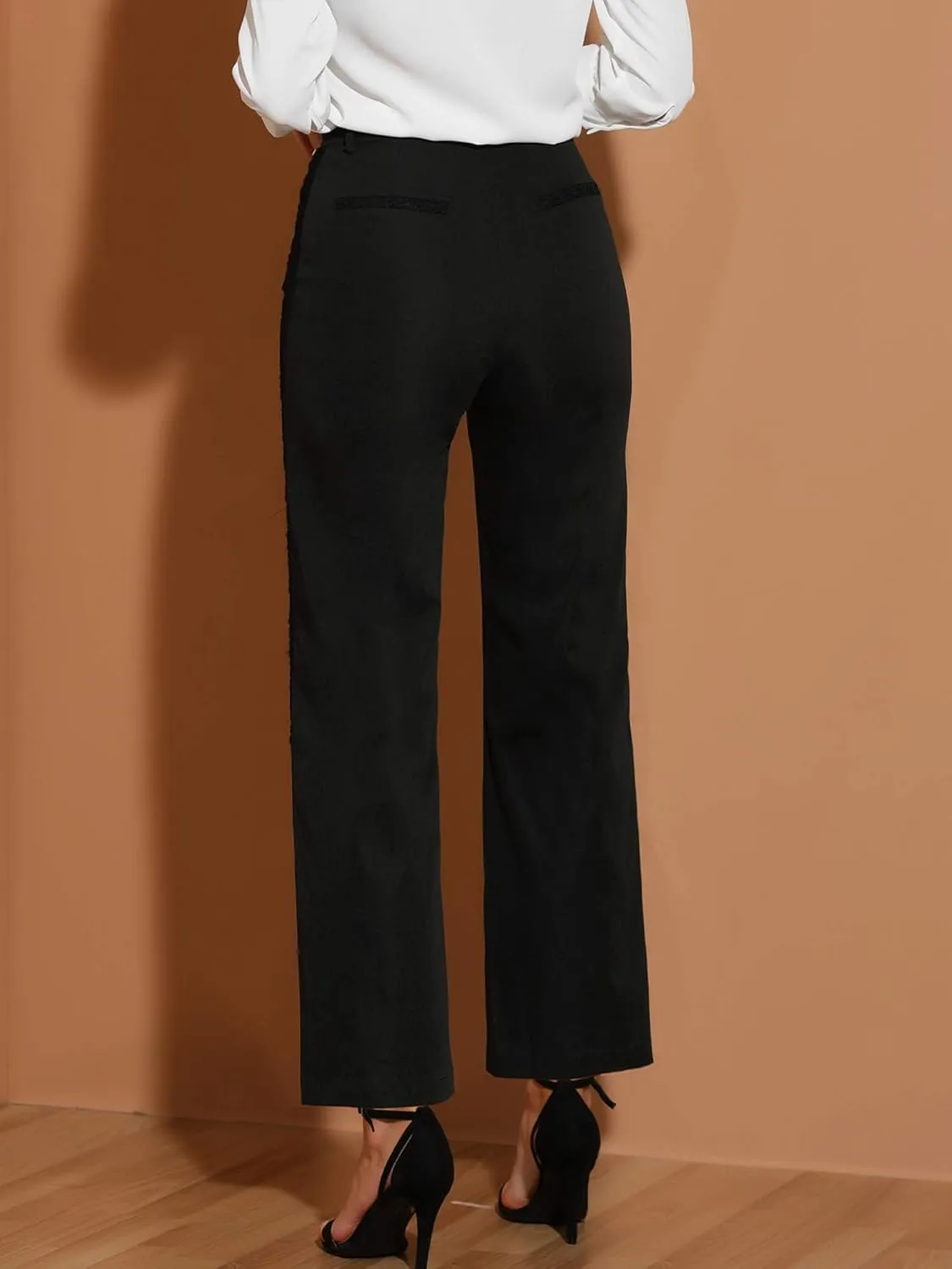 Allegra K Women's Wide Straight Leg Long Pants High Waist Work Trousers