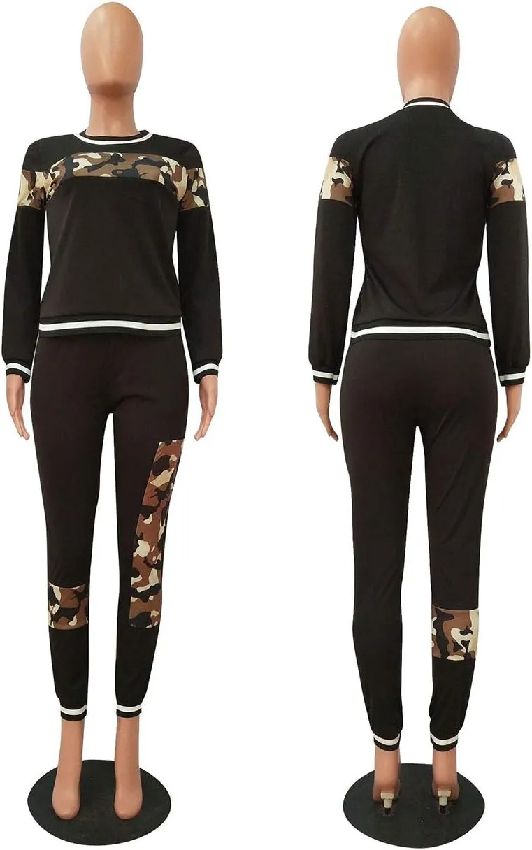 Alunzoem Womens Casual 2 Piece Outfits, Leopard Print Long Sleeve Top Pants Set Tracksuits