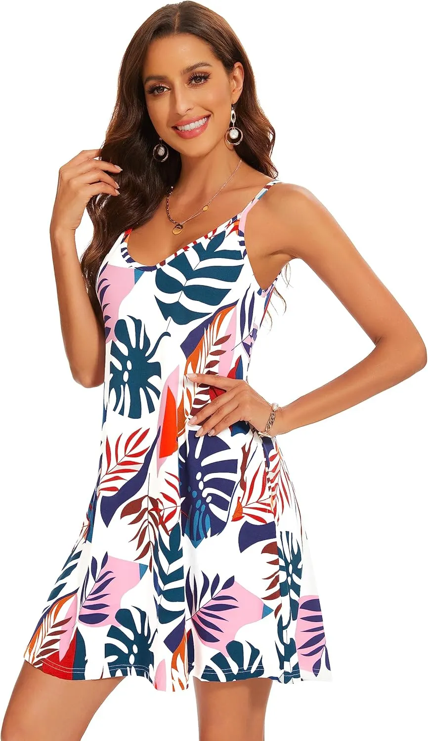 AM CLOTHES Summer Causal Dresses for Women Beach Cover Ups Mini Sundress Spaghetti Strap V-Neck with Pockets