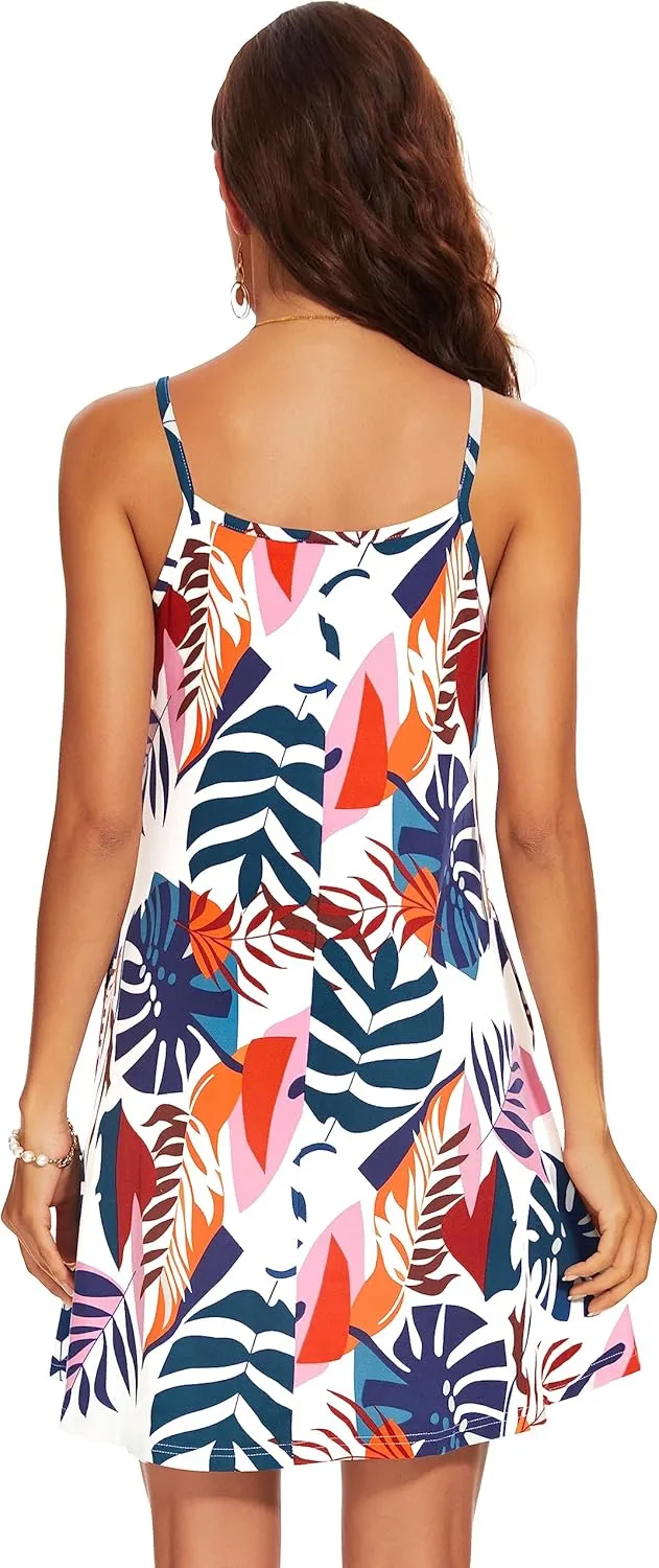 AM CLOTHES Summer Causal Dresses for Women Beach Cover Ups Mini Sundress Spaghetti Strap V-Neck with Pockets