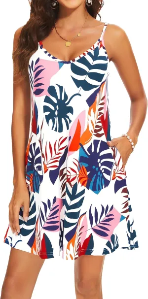 AM CLOTHES Summer Causal Dresses for Women Beach Cover Ups Mini Sundress Spaghetti Strap V-Neck with Pockets