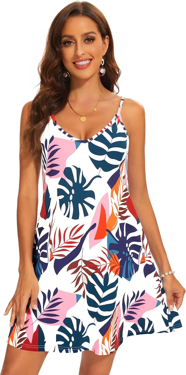 AM CLOTHES Summer Causal Dresses for Women Beach Cover Ups Mini Sundress Spaghetti Strap V-Neck with Pockets
