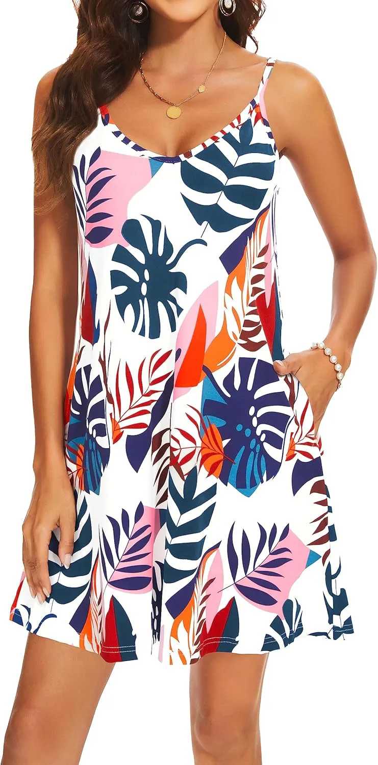AM CLOTHES Summer Causal Dresses for Women Beach Cover Ups Mini Sundress Spaghetti Strap V-Neck with Pockets