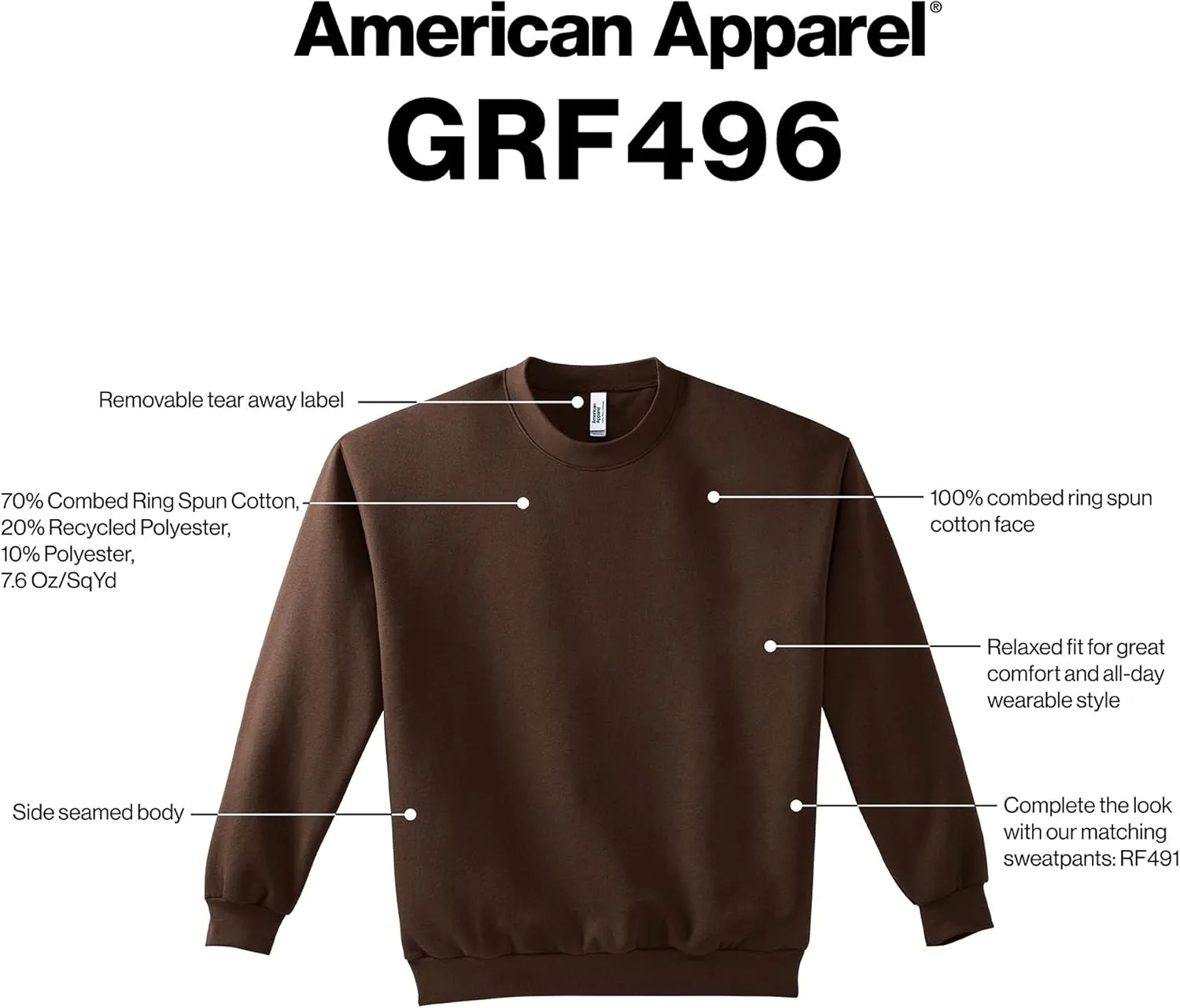 American Apparel Adult ReFlex Fleece Crewneck Sweatshirt, GRF496AA