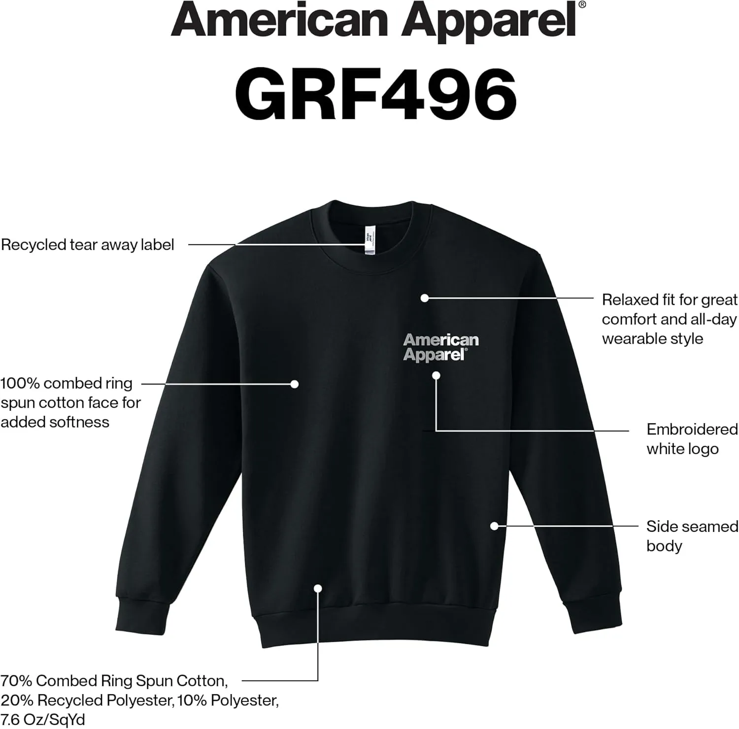 American Apparel Adult ReFlex Fleece Crewneck Sweatshirt, GRF496AA
