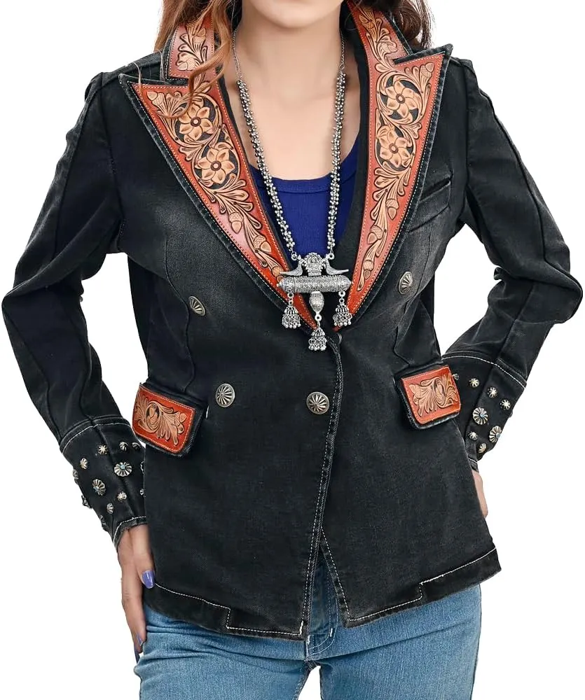 American Darling Genuine leather Hand tooled hand carved Women 100% cotton Denim Blazer dress jacket ladies | Vintage Jacket