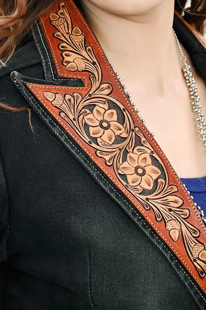 American Darling Genuine leather Hand tooled hand carved Women 100% cotton Denim Blazer dress jacket ladies | Vintage Jacket