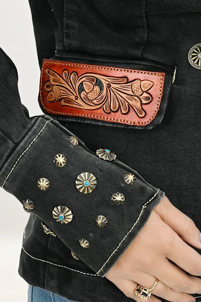 American Darling Genuine leather Hand tooled hand carved Women 100% cotton Denim Blazer dress jacket ladies | Vintage Jacket