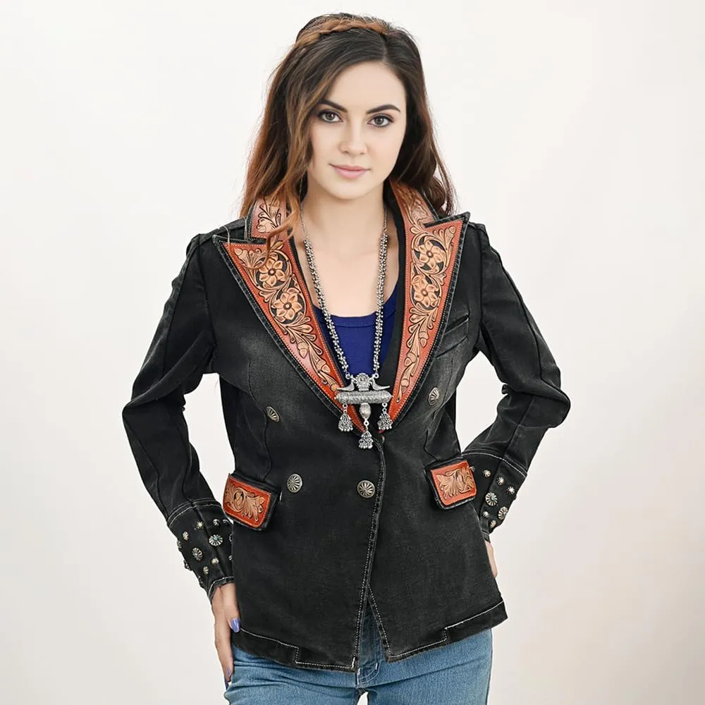 American Darling Genuine leather Hand tooled hand carved Women 100% cotton Denim Blazer dress jacket ladies | Vintage Jacket