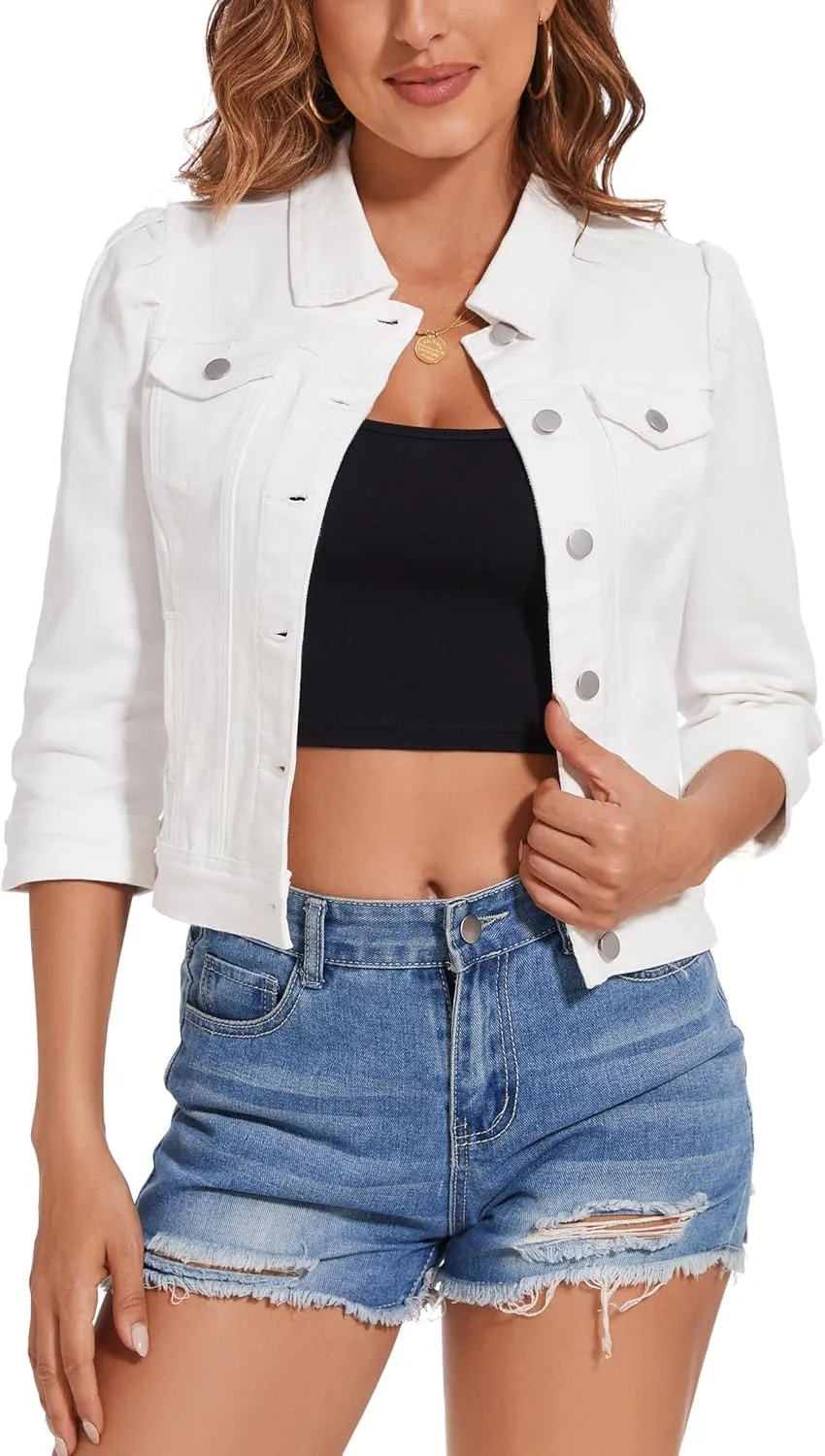 Anienaya Women's Jean Jacket Cropped Denim Jacket Stretchy 3/4 Puff Sleeve Distressed with Pockets