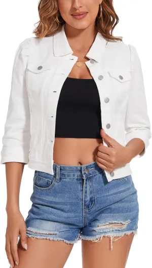 Anienaya Women's Jean Jacket Cropped Denim Jacket Stretchy 3/4 Puff Sleeve Distressed with Pockets