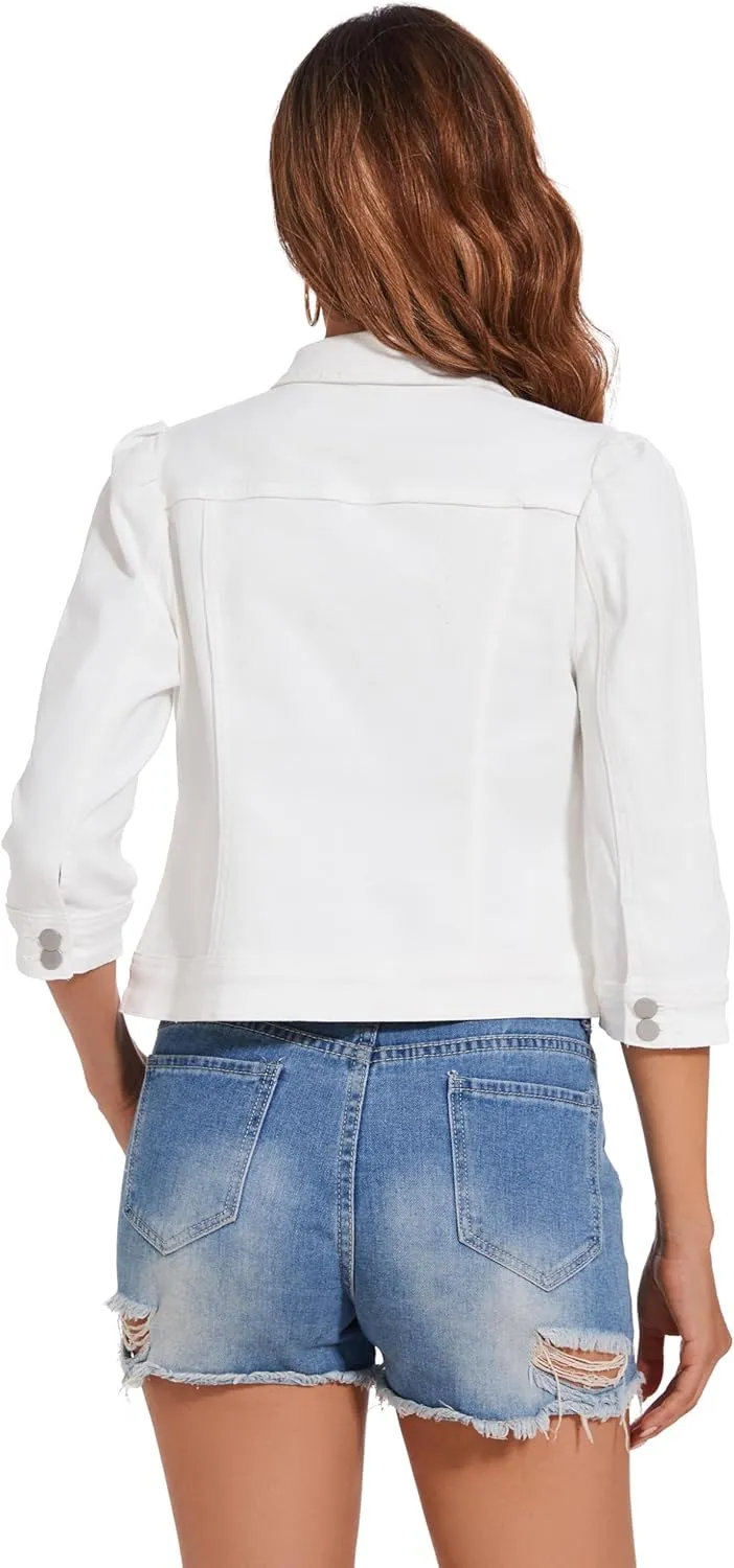 Anienaya Women's Jean Jacket Cropped Denim Jacket Stretchy 3/4 Puff Sleeve Distressed with Pockets