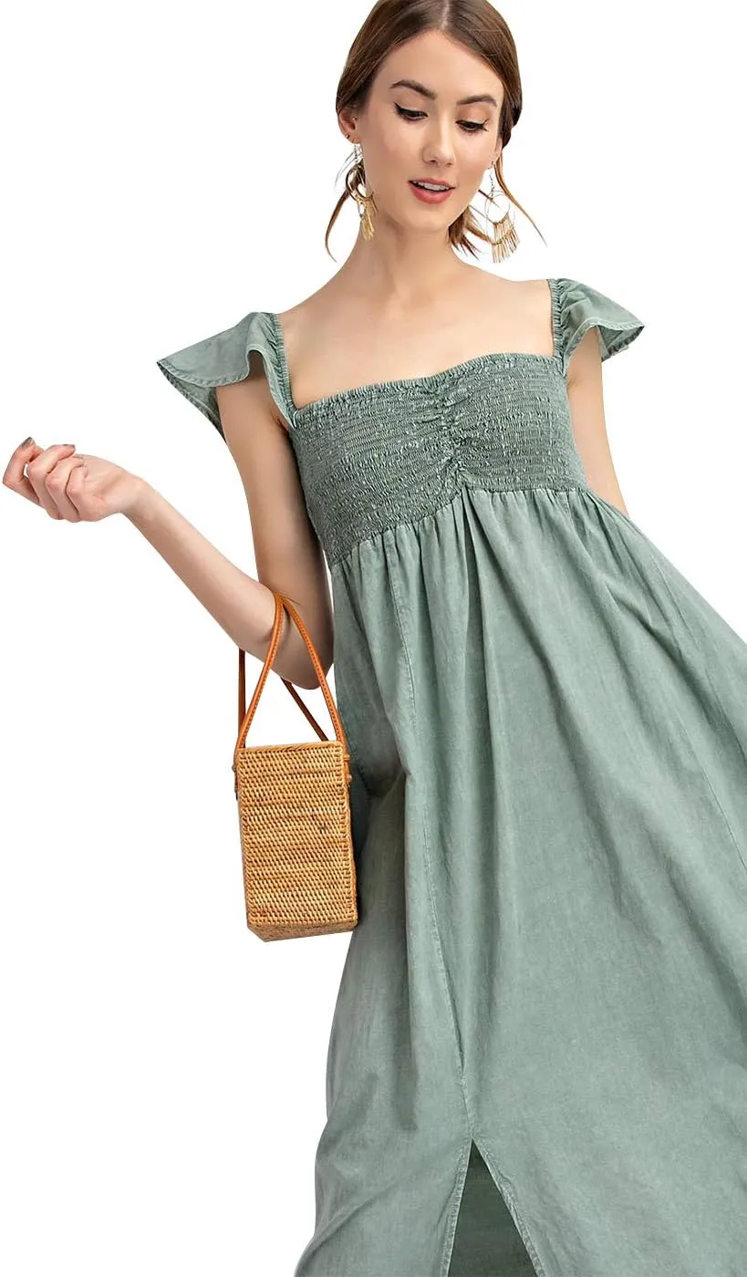 Anna-Kaci Women Smocked Loose Maxi Dress with Cap Sleeves Flowy Long Beach Vacation