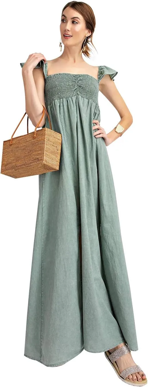Anna-Kaci Women Smocked Loose Maxi Dress with Cap Sleeves Flowy Long Beach Vacation