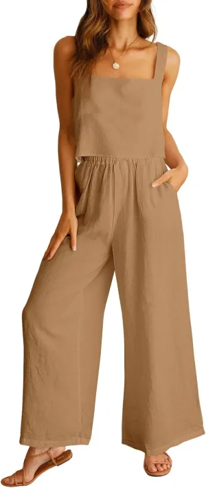ANRABESS Women's 2 Piece Outfits Linen Pants Jumpsuit Matching Lounge Set Casual Summer Beach Vacation Trendy Clothes