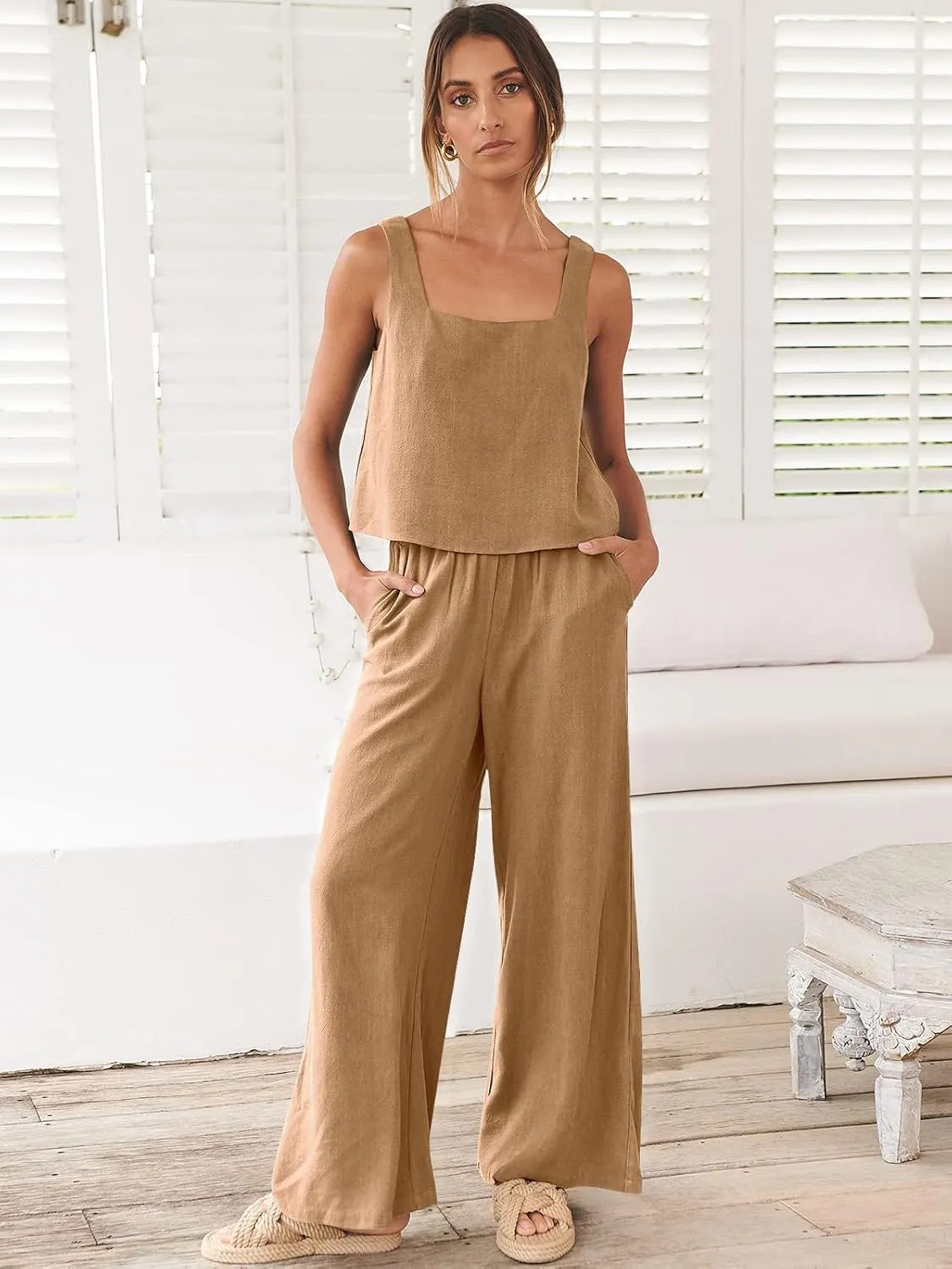 ANRABESS Women's 2 Piece Outfits Linen Pants Jumpsuit Matching Lounge Set Casual Summer Beach Vacation Trendy Clothes