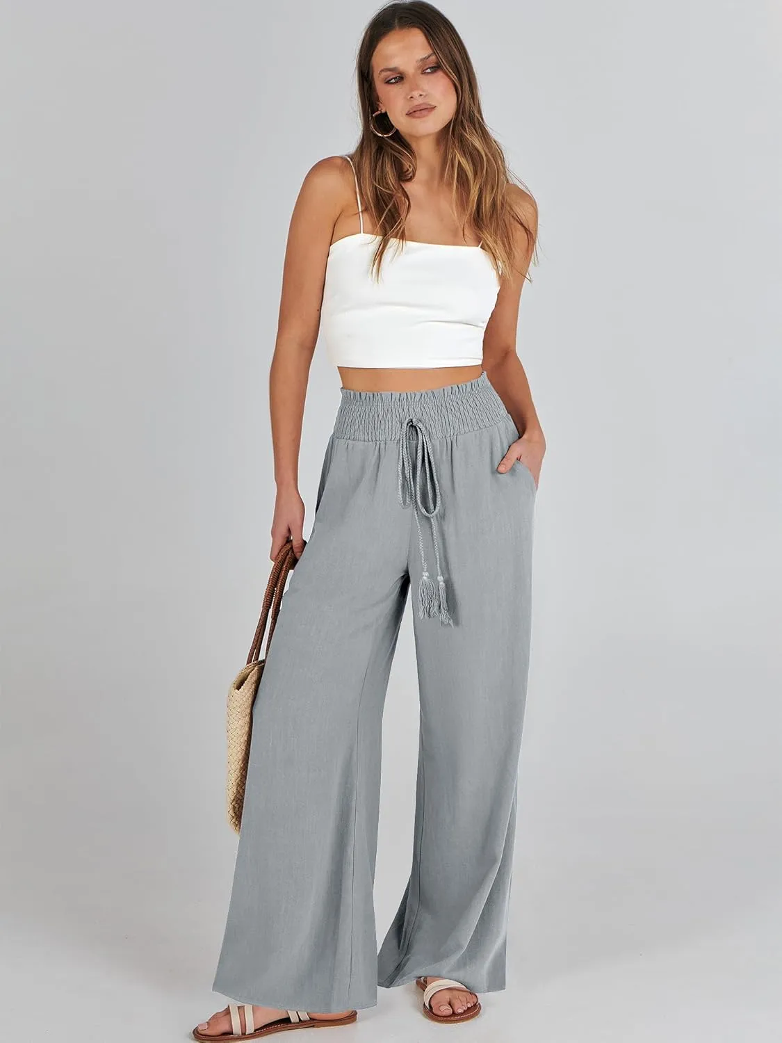 ANRABESS Women's Linen Pants Summer Casual Palazzo Beach Pant Drawstring High Waist Wide Leg Trousers Vacation Outfits