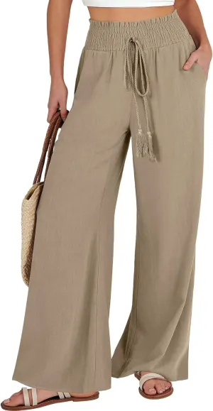 ANRABESS Women's Linen Pants Summer Casual Palazzo Beach Pant Drawstring High Waist Wide Leg Trousers Vacation Outfits
