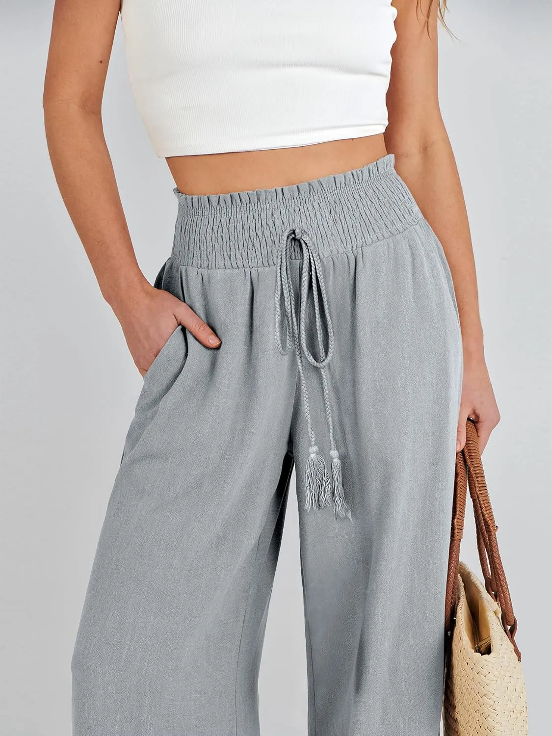 ANRABESS Women's Linen Pants Summer Casual Palazzo Beach Pant Drawstring High Waist Wide Leg Trousers Vacation Outfits
