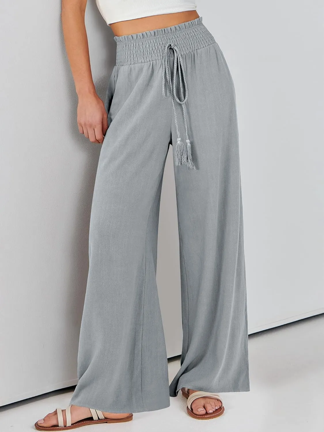 ANRABESS Women's Linen Pants Summer Casual Palazzo Beach Pant Drawstring High Waist Wide Leg Trousers Vacation Outfits