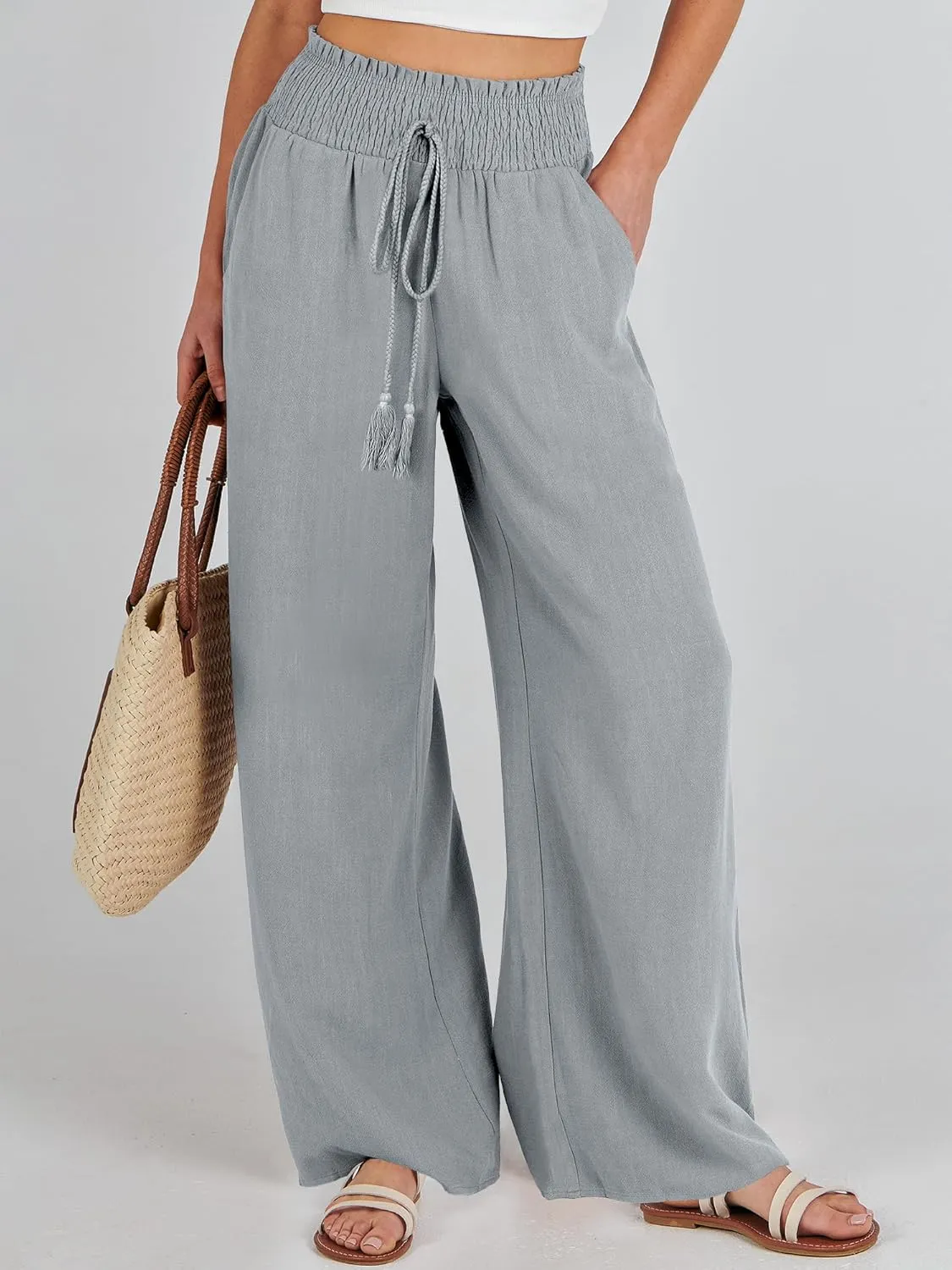 ANRABESS Women's Linen Pants Summer Casual Palazzo Beach Pant Drawstring High Waist Wide Leg Trousers Vacation Outfits