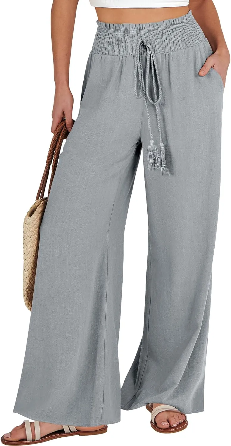 ANRABESS Women's Linen Pants Summer Casual Palazzo Beach Pant Drawstring High Waist Wide Leg Trousers Vacation Outfits